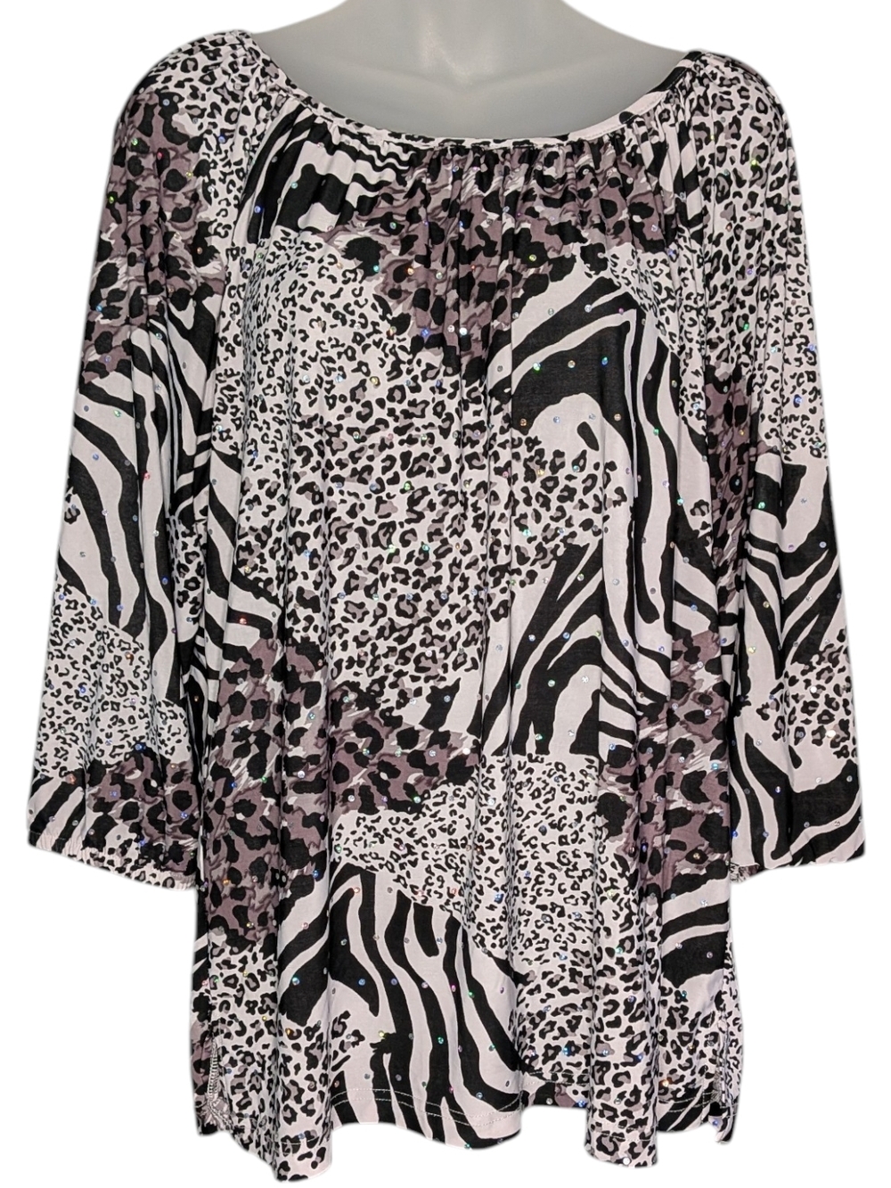 XL Holographic Sequence Accented Mixed Animal Print Blouse Patchwork Stretch